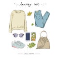 A set of autumn outfit with accessories: yellow pullover, styli